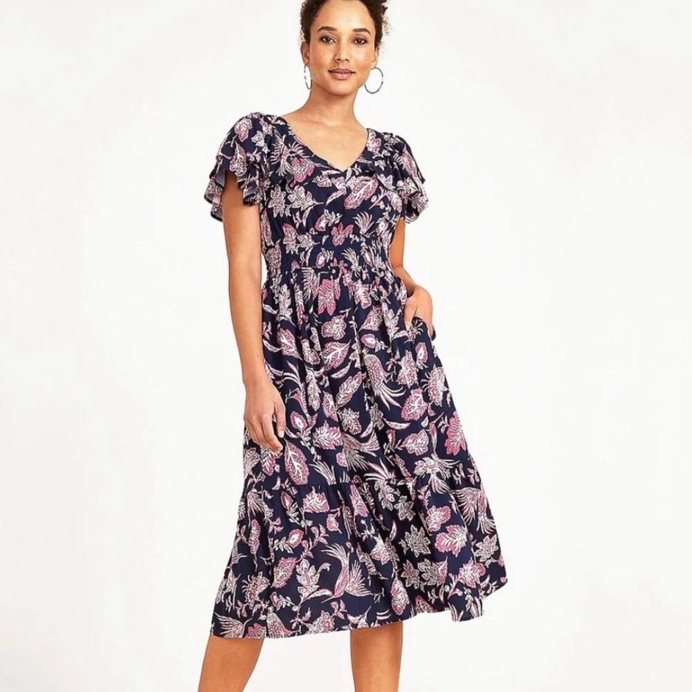 Maurices Navy Floral Midi Dress with Pink Accents Flutter Sleeve Boho Size XL